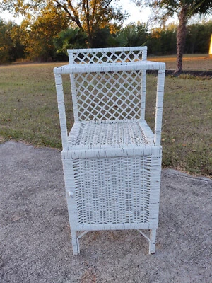 MCM White Wicker Nightstand Side Table With Bottom Door - Image 1 of 4