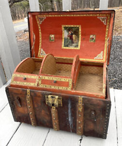 Antique Victorian Doll's Steamer Trunk Dome-Top Toy Box Travelling Chest 19th C.