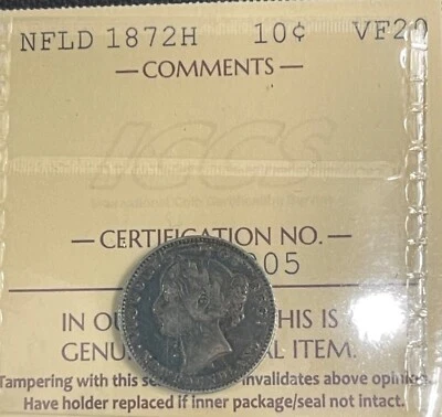 1872H Newfoundland Ten Cents Silver Coin - ICCS VF20 Condition - Image 1 of 2