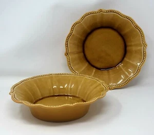 Set of 2 Pioneer Woman PAIGE AMBER Soup Bowls Crackle Glaze Beaded & Scalloped - Picture 1 of 7