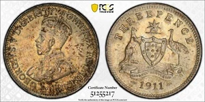 1911 Threepence Coin - PCGS MS63 - Uncirculated Graded Scarce George V Silver - Picture 1 of 1