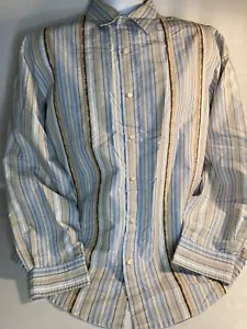PX clothing Mens casual button long sleeve blue tan striped shirt L - Picture 1 of 7
