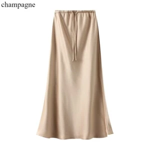 Women Satin Drawstring Elastic-waist Skirt Solid Fishtail Midi Half Dress Office - Picture 1 of 19