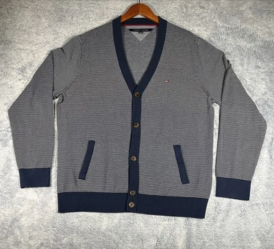 Tommy Hilfiger Sweater Mens XL Blue White Striped Button Cardigan Logo Patch - Image 1 of 4
