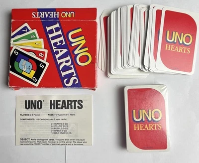 Uno HEARTS Card Game Mattel Games 1994 Full Deck w Original Instructions & Box - Image 1 of 4