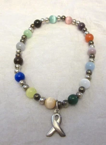 VTG STC Sterling Silver 925 Multicolor Beads Cancer Awareness Bracelet 7" Signed - Picture 1 of 4