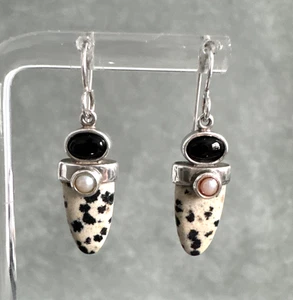 Modernist SAW. Dalmatian Jasper Black Onyx Pearl Earrings Sterling Silver - Picture 1 of 13