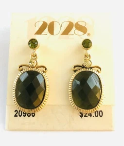 1928 Brand Olive Green Cut Glass Antique Gold Tone Dangle Pierced Post Earrings - Picture 1 of 6