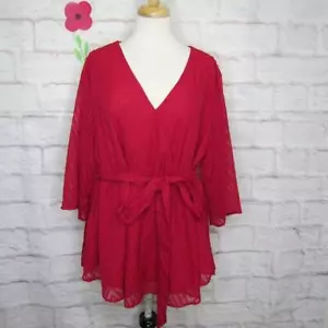 Bloomchic Top Blouse Size 18-20 2X Raspberry Red Belted Bell Sheer Sleeve - Picture 1 of 10