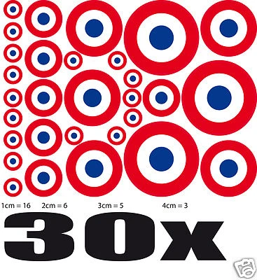 Lot 30 Cocardes FRANCE sticker adhésif rond 16xØ1cm+6xØ2cm+5xØ3cm+3xØ4cm - Photo 1/4