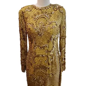 Vestido largo vintage de seda con cuentas doradas y lentejuelas talla S - Imagen 1 de 12