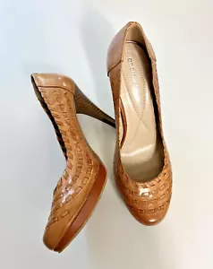 Zapatos de tacón clásicos ANDREW GELLER tejido equipaje cuero tostado punta redonda talla 7M - Imagen 1 de 10