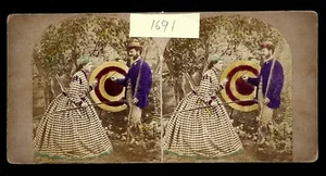 Vista estéreo coloreada a mano de principios de la década de 1850 - Practicando para un partido - montaje plano - Imagen 1 de 2