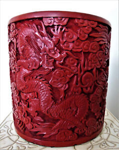 Chinese Cinnabar-Style Large Brush Pot with Dragons Decoration, H15cm x D15cm