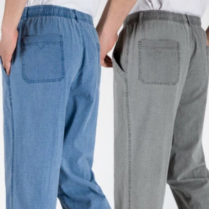 Men's Casual Pants Summer Men's Thin Cotton Hemp Trousers Elastic Waist Pants - Picture 1 of 11