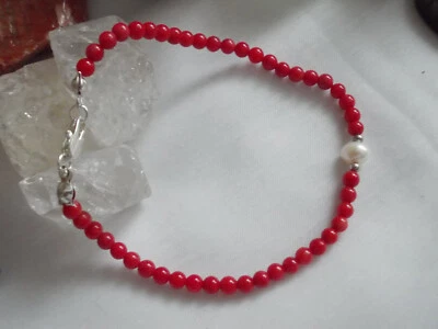 Natürliche rote Koralle Armband, 4mm Kugeln, mit 6,5mm Zuchtperle, 925 pl. - Bild 1 von 2