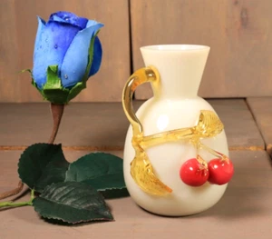 Ancienne Vase en Verre Ouraline Art Nouveau HARRACH Cerises Appliqué Bohème - Picture 1 of 10