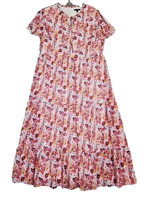 Maxi Vestido Lane Bryant Mujer 18/20 Rosa Floral En Niveles Manga Acampada Boho Girly Foto 1 de 4
