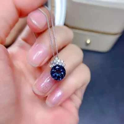 2Ct Round Cut Natural Sapphire Solitaire Pendant 14K White Gold Plated 18" Chain - Image 1 of 4