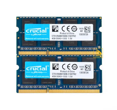 8GB RAM Crucial 2PCS 4GB 2RX8 PC3-10600S DDR3 1333Mhz Laptop SODIMM Memory RAM.- - Image 1 of 4