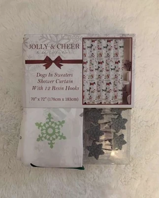 Cortina de Ducha Navidad Tela Perros Felices Fiestas con 12 Ganchos Foto 1 de 2