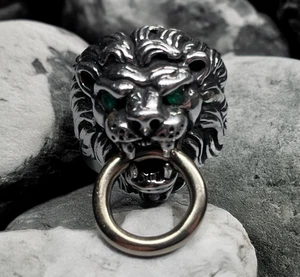 King Baby Studio Sterling Silver & 14K Lion Head Emerald Eye Ring Size 9 - Picture 1 of 6