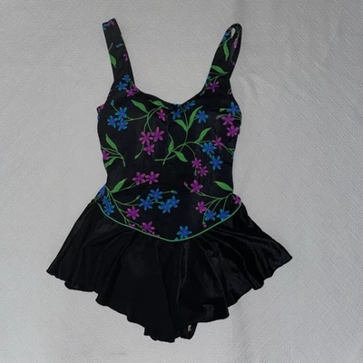 Vtg Maillot Batten Black Pink Floral 1 Piece w/ Bra Skirted Skirt Swim Suit Sz 8 - Image 1 of 4