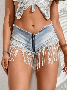 Nuevo Mujeres Niña Mini Jeans Pantalones Cortos Pantalones Cintura Baja Cremallera Entrepierna Cuentas Cordones - Imagen 1 de 5