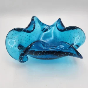 Vintage Hand Blown Blue Bullicante Art Glass Dish Bowl Ashtray Controlled Bubble - Picture 1 of 9