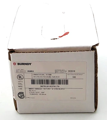 Box of 100 Burndy KA6U Dual Rated Aluminum Mechanical One Hole Lugs #6-#14 AWG - Image 1 of 4