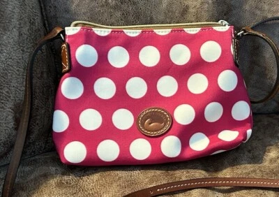 Dooney & Bourke Polka Dot Robin Crossbody Purse Handbag Pink Canvas And Leather - Image 1 of 4