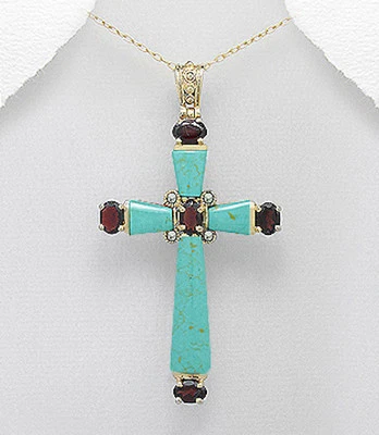 Colgante Cruz Grande Natural Verde Claro Turquesa Rojo Granate 72mm=2.83" Foto 1 de 2