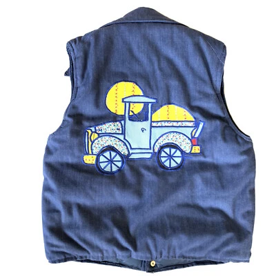 Vtg 1970s Frostline Kit Down Denim Vest W Custom Emroidery Dump Truck OOAK S-M - Image 1 of 4