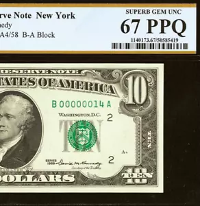 1969 $10 Federal Reserve Note PCGS 67PPQ - Very Low Serial Number 14 - 00000014 - Picture 1 of 3