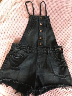 Cute Black Distressed Denim Dungaree Shorts Playsuit Size 6 from Denim Co. - Image 1 of 4