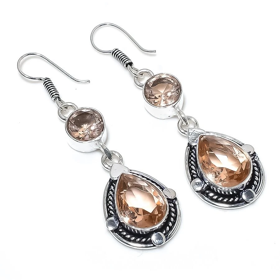 Peach Morganite Gemstone Handmade 925 Sterling Silver Jewelry Earring Size 2" - Image 1 of 1