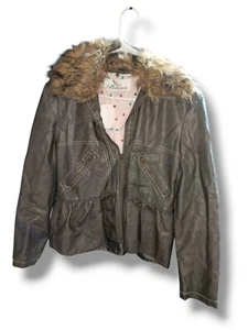 KC Collection Leather Bomber Jacket Girls Size 14/16 Brown Removable Fur Collar  - Picture 1 of 7