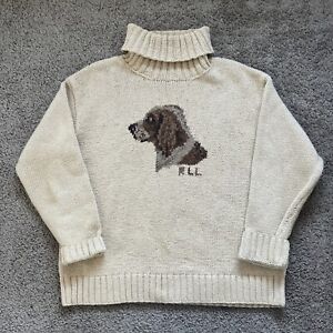 Vintage Lauren Ralph Lauren HAND KNIT Sweater Women's M Beige Brown Dog Hunting