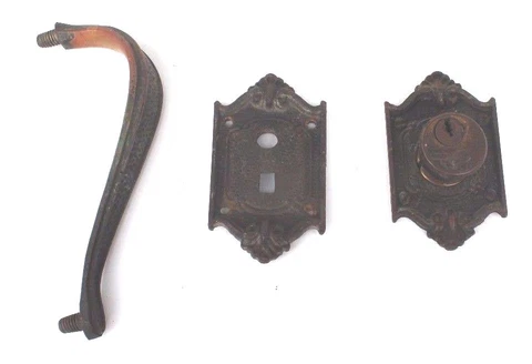 Vintage Antique Victorian Metal Door Lock, Key Hole And Handle Set Cover