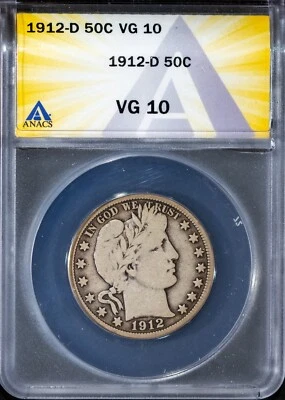1912-D 50c Silver Barber Half-dollar VG 10 ANACS # 7695786 + Bonus - Image 1 of 2