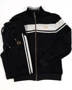 Sergio Tacchini Damarindo Mens Zip Up Tracksuit Top Joggers Pants Velour Black - Picture 1 of 9