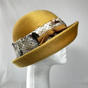 Mr John Vintage Mustard Yellow Wool Hat w/Feathers - Picture 1 of 10