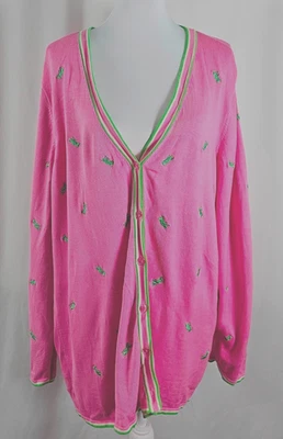 Quacker Factory Womens Cardigan Buttons Pink Green Grasshoppers Silk Cotton 2X - Image 1 of 4