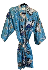 Jade Blue Floral Geisha Girl Kimono Robe Pockets Hong Kong Asian Vintage - Picture 1 of 12