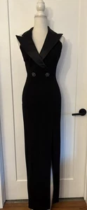 Bodycon-Damenkleid Vintage Tadashi schwarz rückenfrei Satin Smoking Kragen Größe 4? 6 ? - Bild 1 von 9