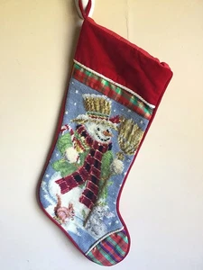 Vtg Traditional Snowman Wool Blend Needlepoint Velvet Back Christmas Stocking - Picture 1 of 4