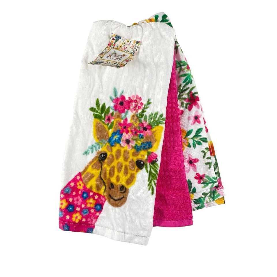Mia Charro Kitchen Tea Towels Set of 3 Pink Giraffe Floral 18"  X  28" NEW - Image 1 of 4