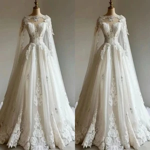 Vestidos de novia vintage línea A apliques de encaje al hombro con capa vestidos de novia - Imagen 1 de 7