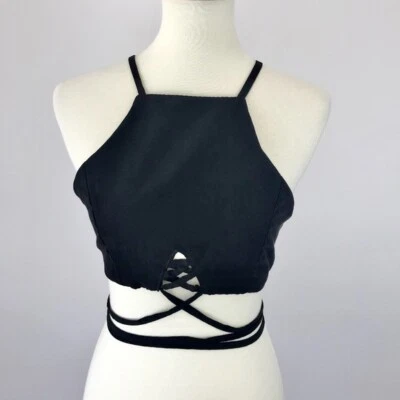 Black Suede Strappy Zip Up Racerback Crop Top Tank Various Sizes - Image 1 of 4