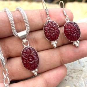 Carved Red Quartz 925 Silver Plated Handmade Necklace & Earrings Set of 10.5" - Picture 1 of 4